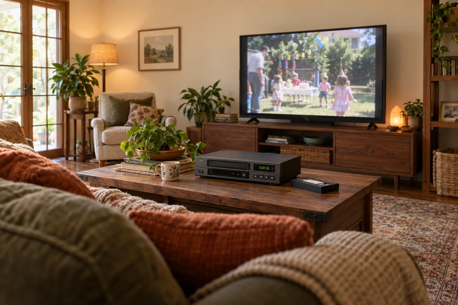A sunlit, cozy living room with a soft couch, a VHS VCR and cassette on the coffee table, and a home-movie birthday scene on a flat-screen TV.